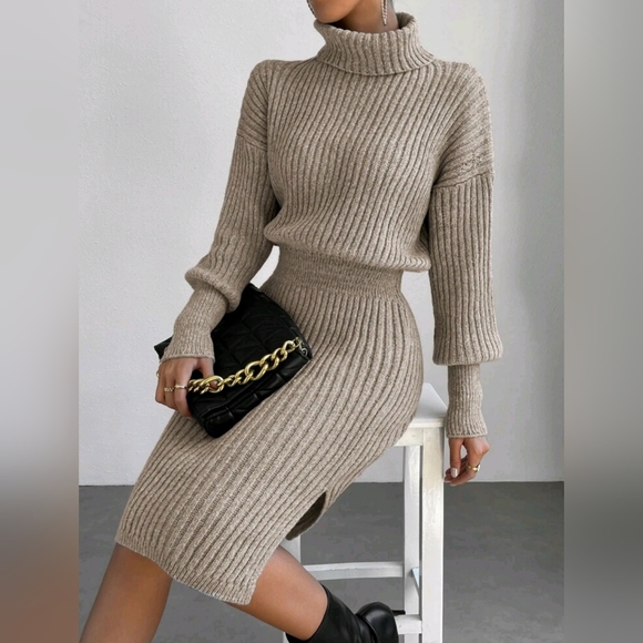 NEW Luxe Ribbed Knit Turtleneck Sweater Dress Long Sleeve Tan Beige - Picture 4 of 8